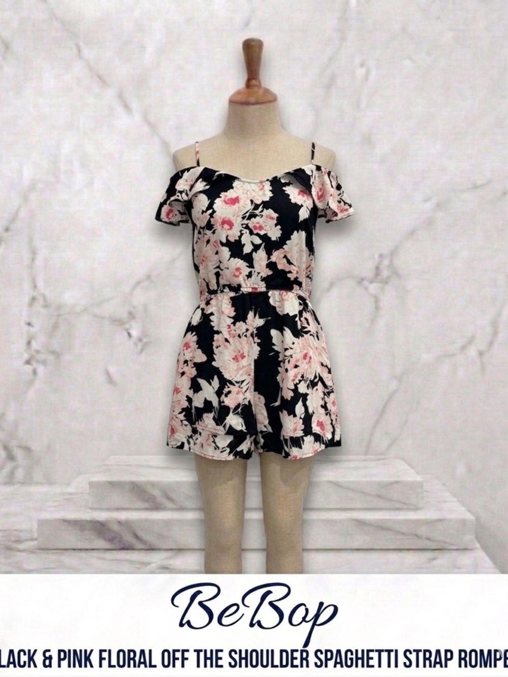 BeBop Black and Pink spaghetti strap and off shoulder Floral Romper